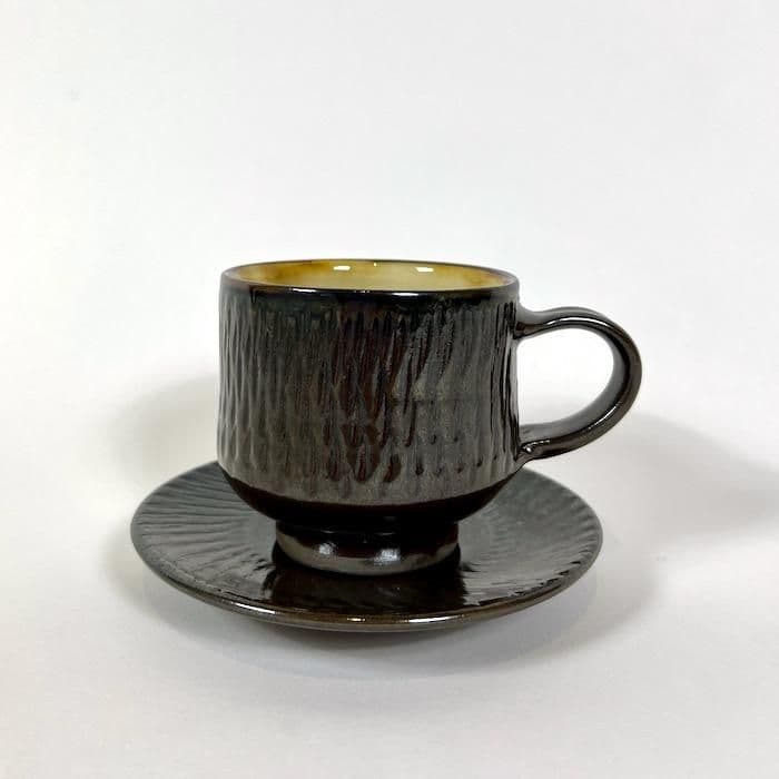 cup&saucer 黒 地とびかんな 小鹿田焼 坂本浩二窯