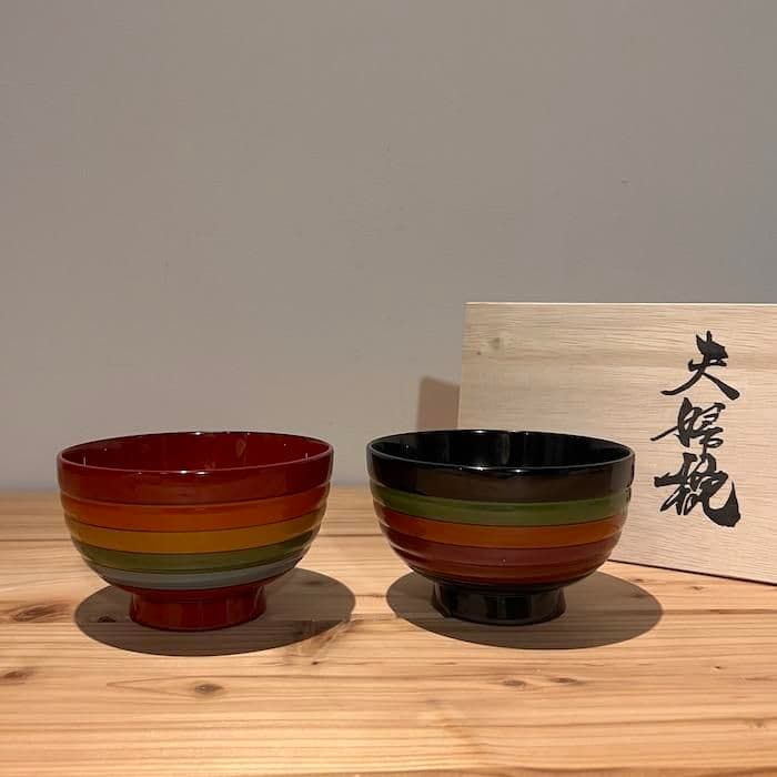 漆器の井助 独楽文様 夫婦椀 朱と黒